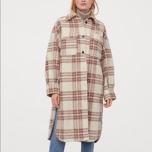 H&M Long Shirt Jacket - Beige/Dusty Rose Plaid